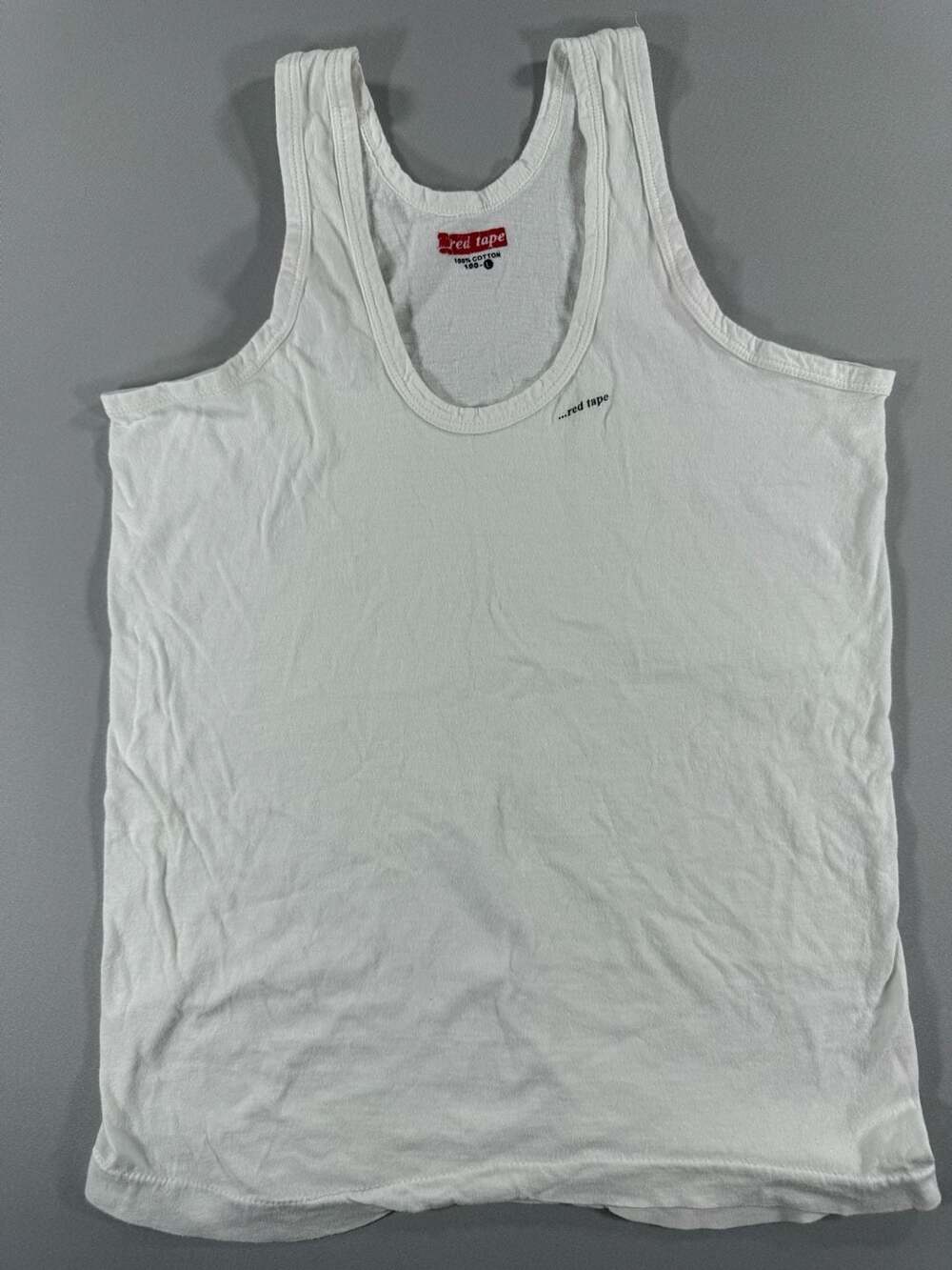 Red Tape Y2K White Cotton Tank Top L Single Stitch Minimalist Logo